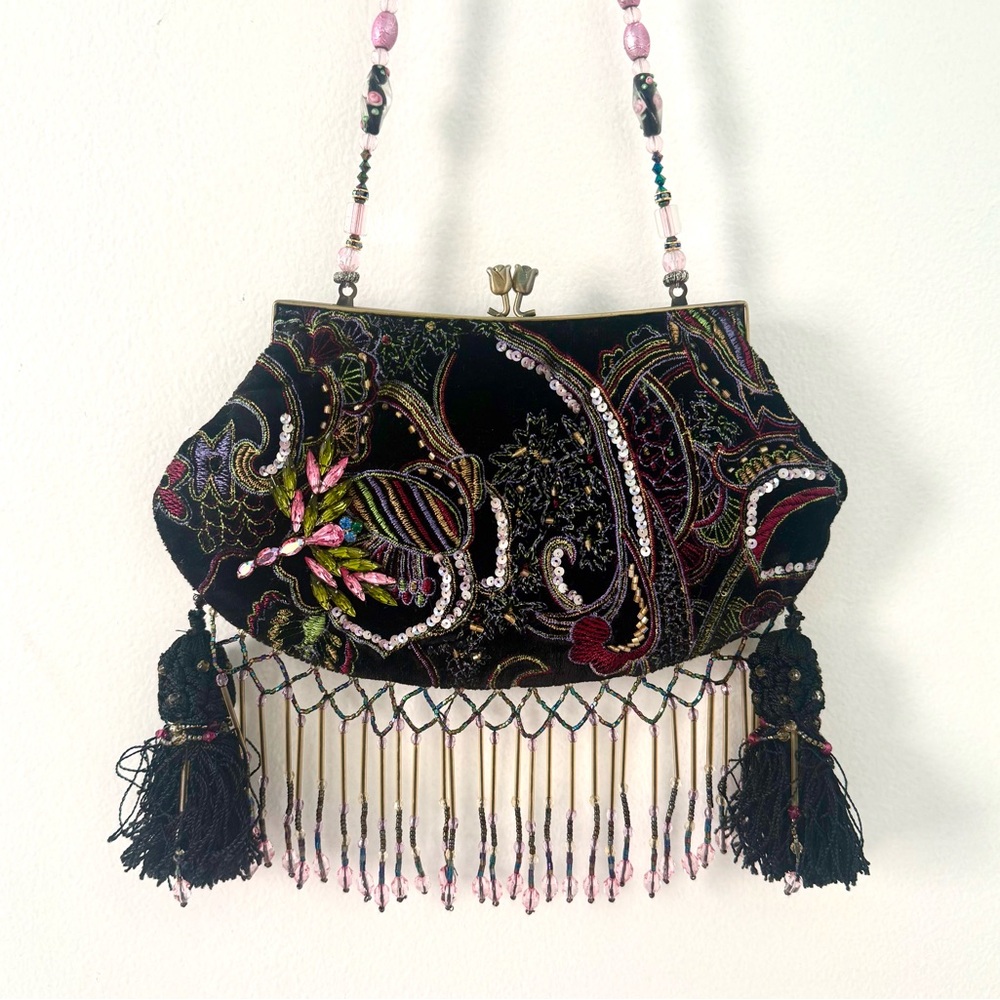 Embroidered Black Evening Bag with Tassels